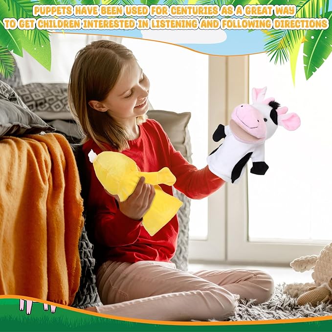 4 Pcs Hand Puppet Animal with Working Mouth 9.8 Inch Animal Puppet Soft Plush Toy for Storytelling Theater Preschool Birthday Gifts(Cow, Frog, Duck, Sheep)