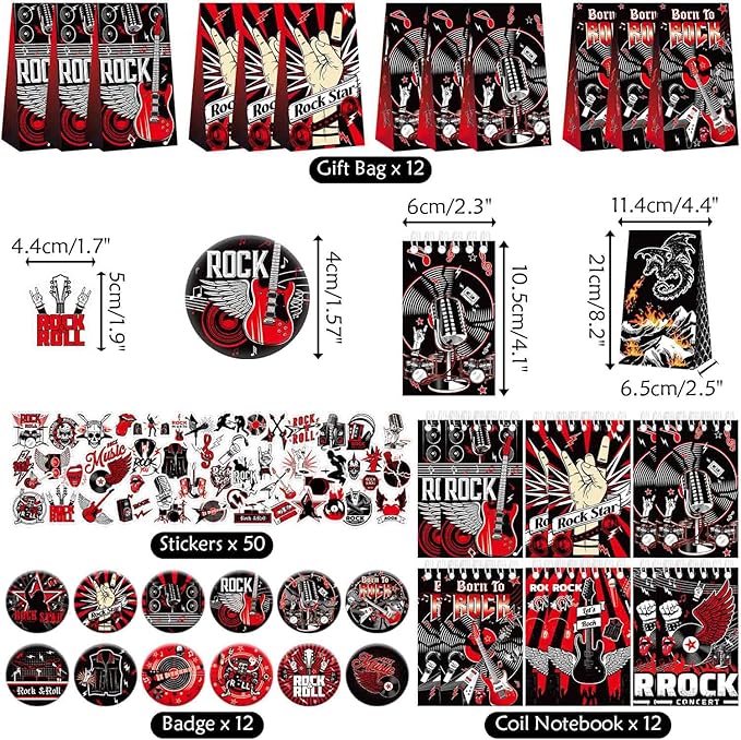 Rock and Roll Party Decorations Favors , Including Gift Bags , Stickers Badge Slap Bracelets Silicone Wristbands DIY Stickers , for Rock Music Theme Party Supplies