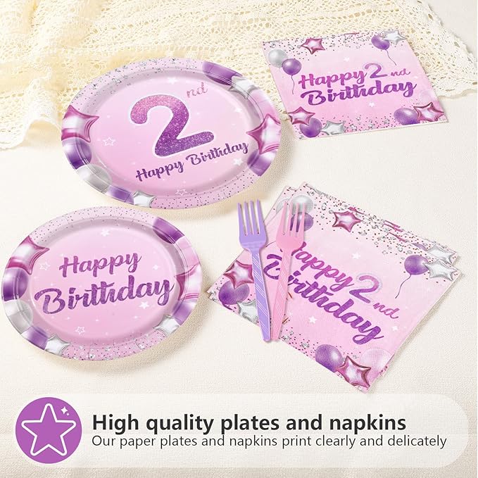 96Pcs Pink Purple 2nd Birthday Party Decorations Pastel 2nd Birthday Plates and Napkins Tableware Sets Pink Star Decorations Favors for Girls Baby Two Year Old Party Supplies Serves 24