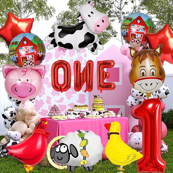 14 PCS Farm Animal Balloons Cow Sheep Duck Rooster Pig Donkey Balloons Barnyard Balloon Supplies with Large Number 1 Foil Balloon for Farm Animal Theme 1st Birthday Party Decor Supplies