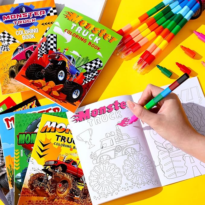 Funrous 24 Set Monster Truck Coloring Books Bulk with 24 Stacking Crayons Monster Truck Party Favors Activity Books Classroom Gifts for Themed Birthday Gift Reward Prize Party Supplies