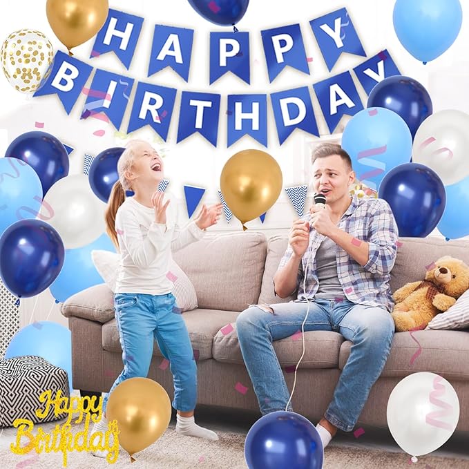 Navy Blue Birthday Decorations, Dark Happy Birthday Party Decorations With Metallic Gold Pearl White Light Blue Fringe Curtain Banner Cake Topper For Man Woman Party Supplies