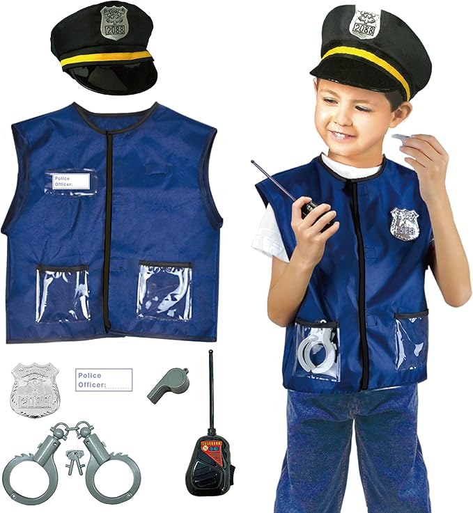 4 Sets Dress Up Clothes for Kids, Pretend Dress Up Trunk of Firefighter costume/Doctor/Policeman/Construction Worker Role Play Set with Realistic Accessories