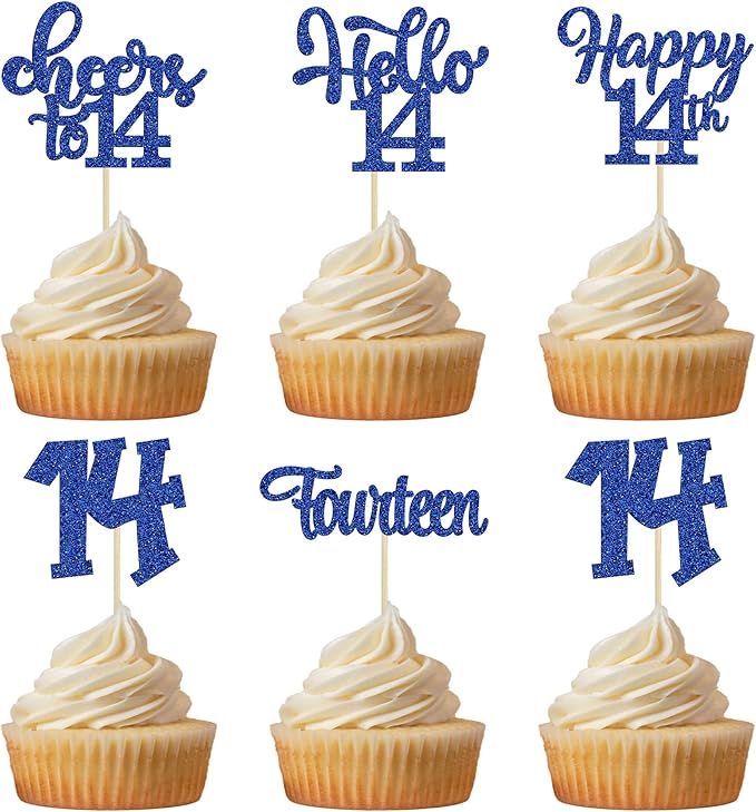 30Pcs 14th Birthday Cupcake Toppers Hello 14 Cupcake Picks Fourteen Cheers to 14 Years Old Cake Decorations for 14th Birthday Anniversary Party Supplies Deep Blue Glitter