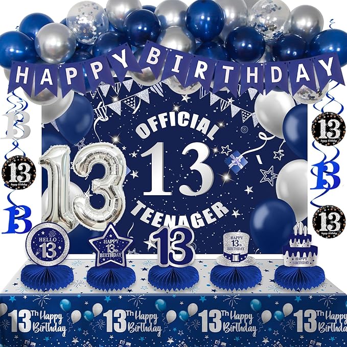 13th Birthday Decorations for Boys Girls, Blue Silver 13 Year Old Boy Bday Decor, Number 13 Balloon Happy 13th Birthday Banner Backdrop Honeycomb Centerpieces for Official Teenager Party Supplies