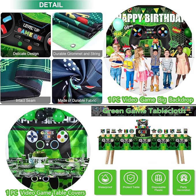 77Pcs Video Game Birthday Party Decorations Kit – Gamer Party Supplies with Happy Birthday Backdrop, Hanging Swirls, Foil Balloons, Colorful Balloons, Table Cover & Cake Topper for Game Theme Party