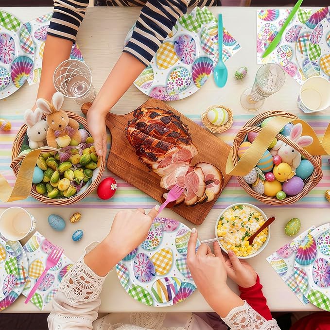 168PCS Easter Party Supplies Watercolor Easter Eggs Party Decorations Colorful Tie-dye Paper Plates Napkins Cups and Forks for Spring Celebration Easter Day Egg Hunt Holiday Brunch Serves 24
