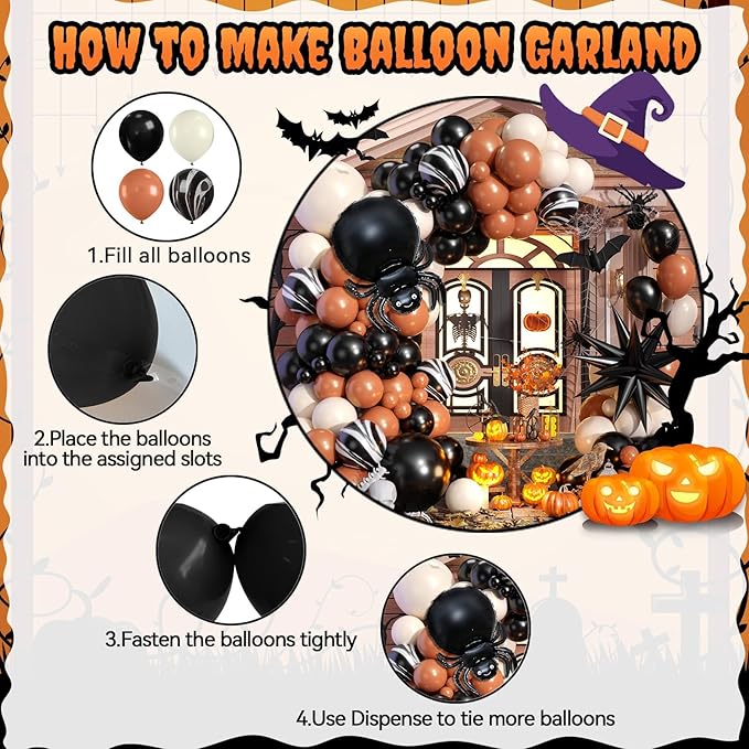Halloween Balloon Arch Garland Kit, Black Retro Orange White Black Marble Balloons with Spider Star Foil Balloons for Halloween Baby Shower Party Decorations Cosplay Theme Party