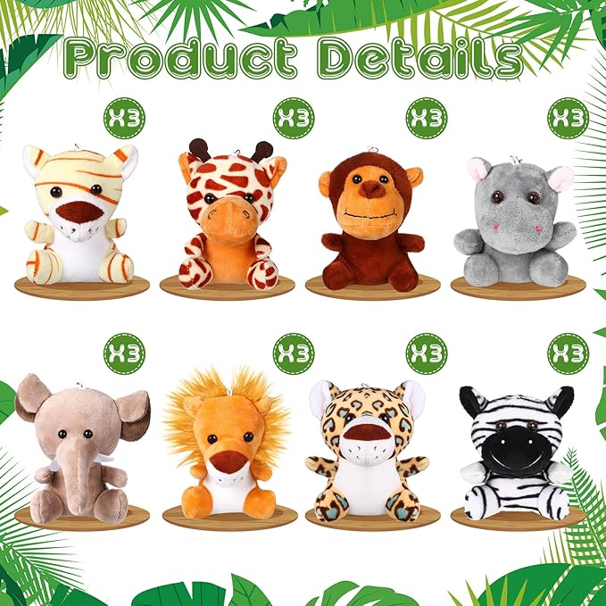 HyDren 24 Pcs Mini Stuffed Forest Animals Bulk Jungle Animal 4.8 Inch Lovely Toys Lion Tiger Elephant Giraffe Plush for Classroom Gift Stockings Filler Christmas(Single Style)
