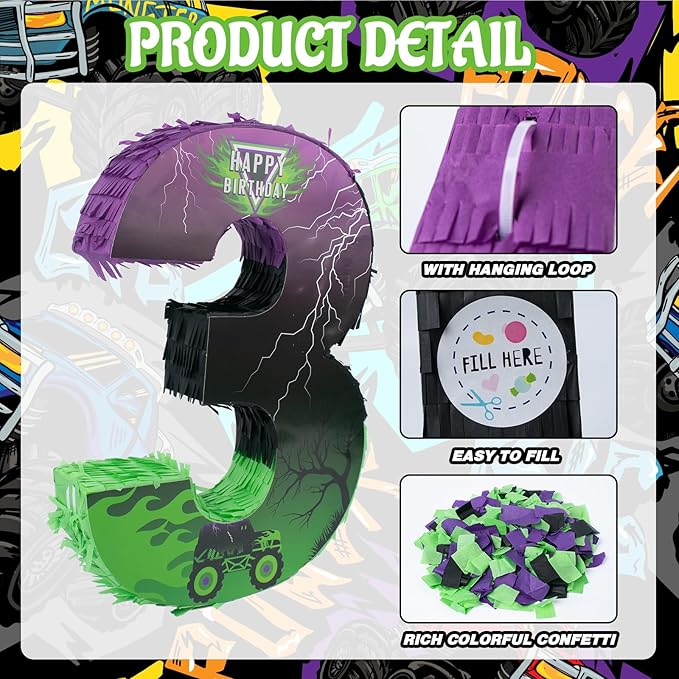 Number 3 Monster Truck Car Piñata Green and Purple Pinata for Birthday Party Decorations Number 3 with Blindfold Stick Small Monster Truck Theme 3rd Party Supplies 15.8 x 11.5 x 2.45 Inch