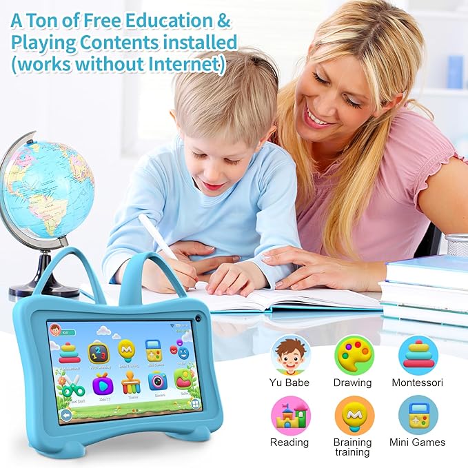 Kids Tablet 7 Toddler Children's Learning Tablet with WiFi, YouTube, Parental Control, Durable Case Education Learning Apps for Boys Girls (Blue)