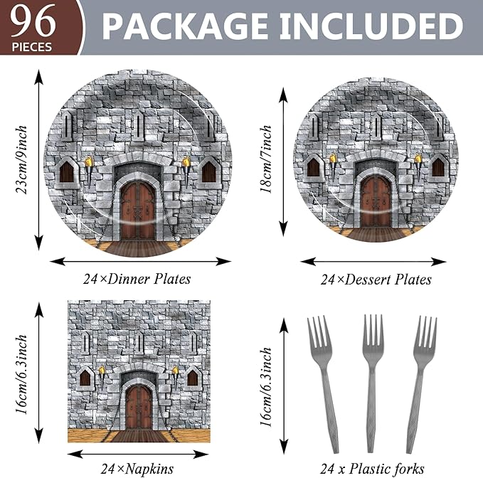 CHUNNIN 96PCS Medieval Plates Napkin Halloween Castle Party Decorations Castle Knight Birthday Dessert Plates Medieval Themed Tableware Set for 24 Guests Kids Birthday Baby Shower Party Supplies