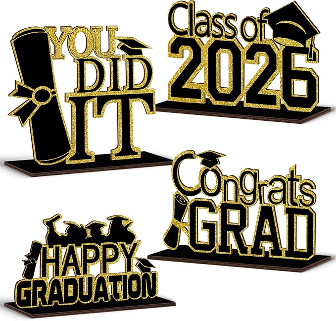 4 Pcs KSKSPE Graduation Decorations Party Supplies Table Centerpieces,Graduation Theme Design and Sturdy Wooden for Graduation Party Favors Decorations,Black