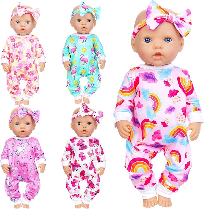 Ecore Fun 5 Sets Baby Doll Outfits & Headbands – 10 pcs for 14"-18" Baby Dolls | Cute Jumpsuit & Hair Accessory Set for Dress-Up Play