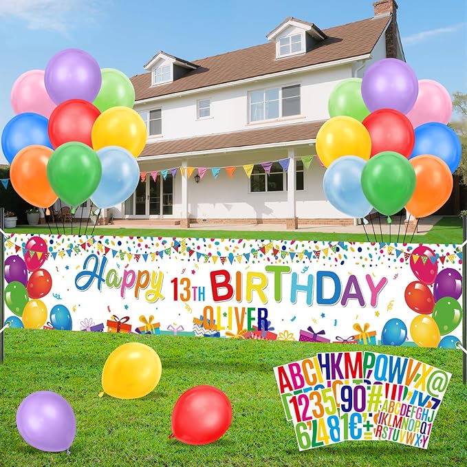 Coloful Birthday Decorations Banner with Personalized Letter Stickers and Balloons DIY White Happy Birthday Yard Banner Custom Bday Sign for Men Women Bday Party Supplies Outdoor