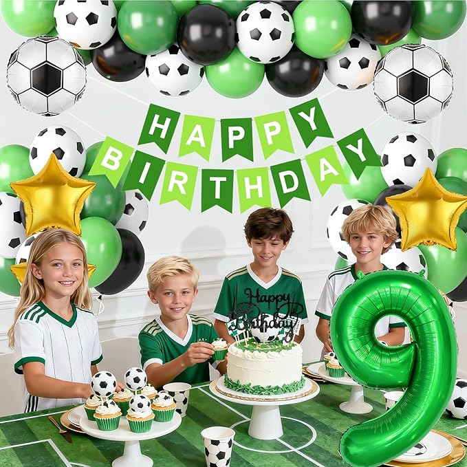Soccer Birthday Party Decorations for Boys, 9th Soccer Birthday Decoration with Green Black White Balloons 'HAPPY BIRTHDAY' Banner Cake Toppers 32in Foil 9 Balloon for Kids Boys Sport Party Decor