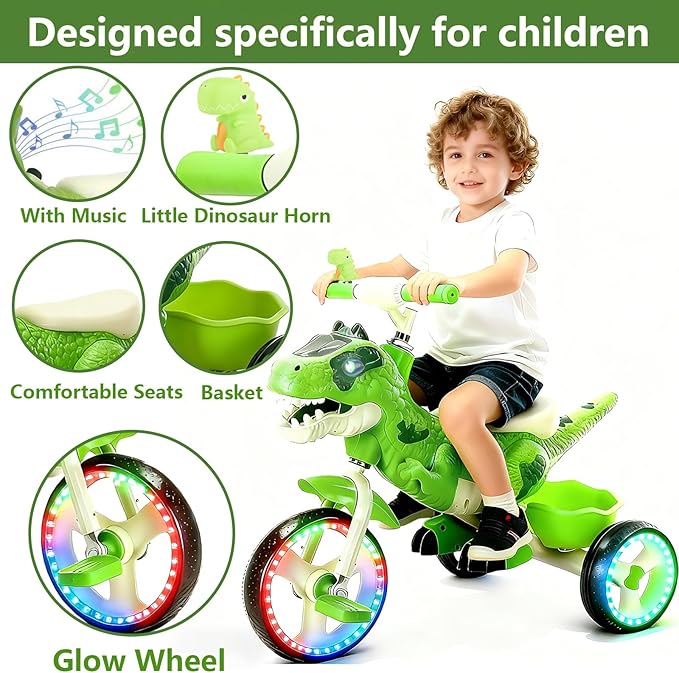 NMM Dinosaur Tricycle for Toddlers, Kids Trike with Music, LED, Tricycles for 3-5 Year Olds, for Rider, Big Wheel, Storage Basket, Horn, Toddler Bike for Boy, Dinosaur Toys for Kids 2-4 4-7