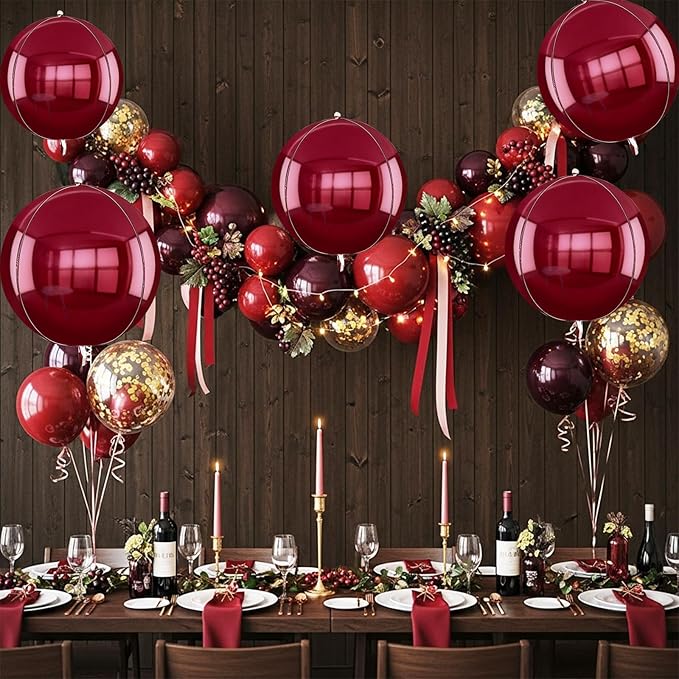 TONIFUL 8Pcs 22inch Large Wine Red 4D Giant Round Foil Balloon 4D Metallic Mylar Sephere Balloons for Christmas New Year Birthday Party Graduation Wedding Bridal Shower Decoration Supplies