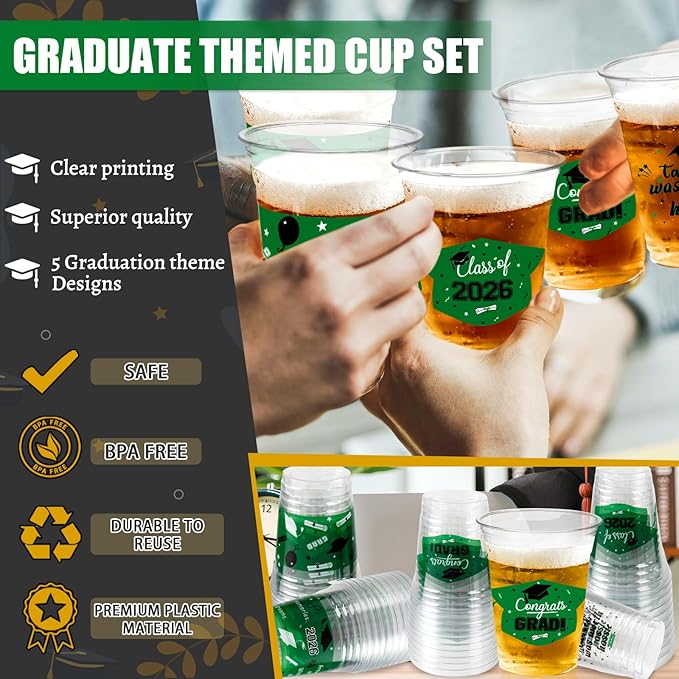 GuassLee Black and Green Graduation Decorations 2026 Party Cups - 50pcs 12 Oz Black Green Disposable Graduation Plastic Cups for Drinks Class of 2026 Grad Party Supplies