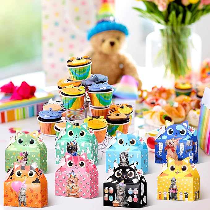 Nezyo 24 Pieces Cat Party Favor Boxes Kitten Theme Goodie Boxes Cute Candy Bags for Kids Birthday Supplies Decorations Adopt a Cat Party Favors, 8 Styles