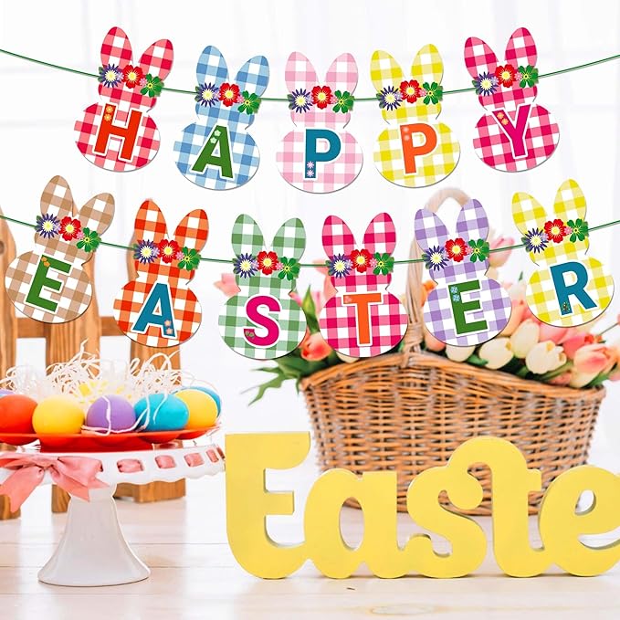 CC HOME Happy Easter Checkered Rabbit Banner Colorful Checkered Party Hanging Banner Easter Theme Birthday Bridal Wedding Baby Shower Boys Girls Kids Home Classroom Party Supplies Decoration