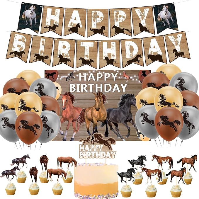 Horse Birthday Party Supplies Set with Horse Theme Happy Birthday Banner Balloon Cake Topper Cupcake Topper Background for Horse Party Decoration