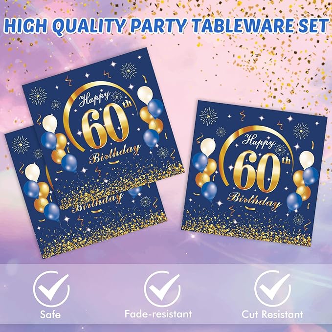 40PCS 60 Birthday Decorations for Men Navy Blue and Gold 60th Birthday Party Disposable Dinnerware Set Plates, Paper Napkins Party Supplies for Men Cheers to 60 Years