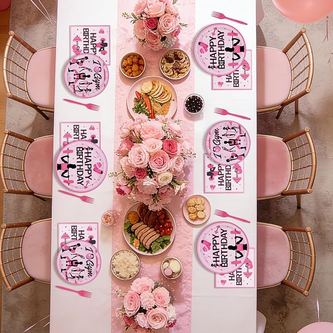 96Pcs Gym Happy Birthday Party Decoration Black and Pink Work Out Weight Plates and Napkins Disposable Weightlifting Equipment Tableware Set for Bodybuilding Girl Birthday Party Supplies Serves 24