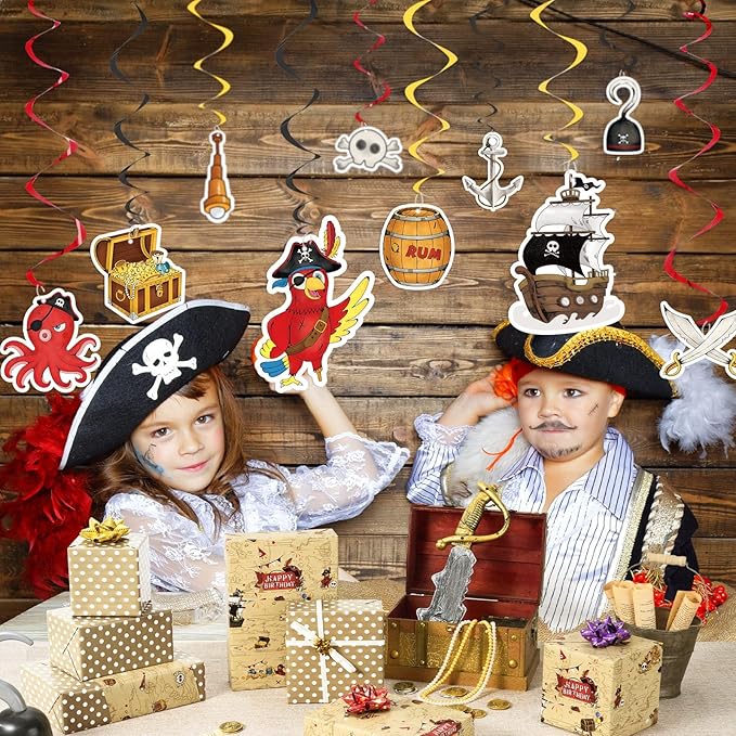 WERNNSAI Pirate Party Decorations - 24 PCS Pirate Party Supplies Pirate Treasure Hanging Swirl Streamers for Kids Boys Pirate Caribbean Birthday Party Decorations Baby Shower Ceiling Hanging Decor