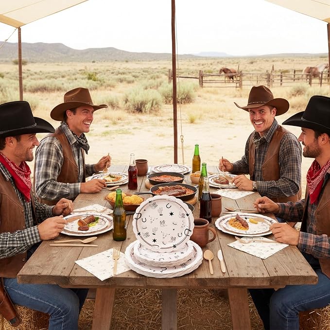 122 Pcs Cowboy Paper Plates and Napkins Forks Western Birthday Supplies First Rodeo Bachelorette Party Plates Cowboy Ranch Tableware Set for Kids Boys Baby Shower Decorations, Serve 24