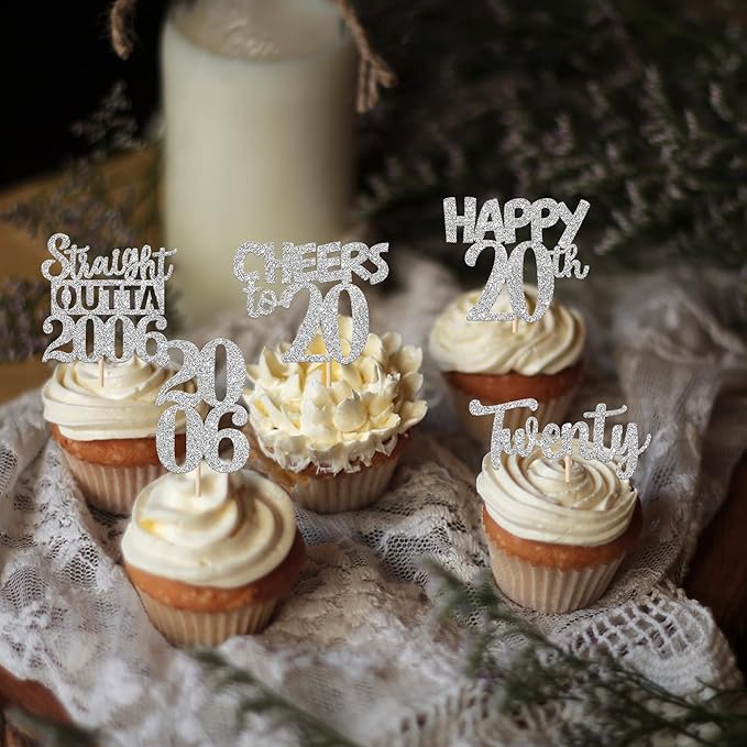 30PCS 20th Birthday Cupcake Toppers Glitter Twenty Happy 20th Straight Outta 2006 Cupcake Picks for Cheers to 20 Years Birthday Wedding Anniversary Party Cake Decorations Supplies Silver