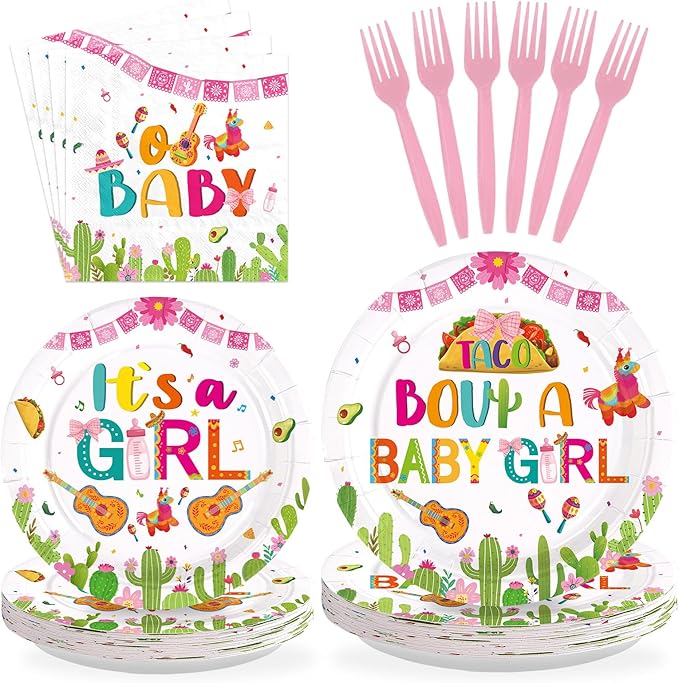 96Pcs Mexican Baby Shower Decorations Taco Bout A Baby Girl Plates and Napkins Mexico Fiesta 1st Birthday Decoration Favor for Girl Mexican Taco Cinco de Mayo Gender Reveal Party Supplies Serves 24