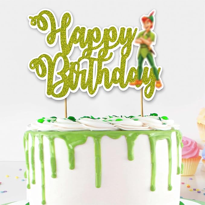 "Petr Pan Happy Birthday Cake Topper – Neverland Theme Birthday Party Supplies – Magical Green and Gold Cake Decoration with Petr Pan, Tinker Bell, and Fairy Dust Design for Boys Girls and Fans"