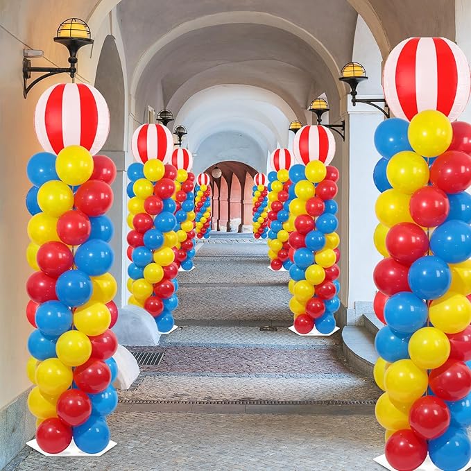 2 Sets Carnival Circus Balloon Column Stand Kit with 102 Balloons 5.57ft Adjustable Balloon Tower Stand with Bases Red and White Striped Balloons Arch Column for Carnival Birthday Party Supplies