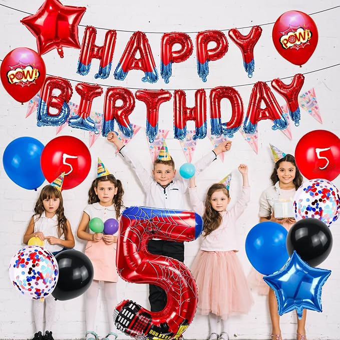Cartoon Hero 40 Inch Red and Blue Spider Theme Number Foil Birthday Decoration Balloon, Spider Theme Happy Birthday Banner Party Decoration Balloon, Letter Logo Superhero Party Supplies (5)