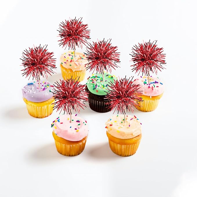 40 PCS Foil Firework Cupcake Toppers Sparkle Tinsel Cupcakae Picks Sparkler Fireworks Party Decorations Cocktail Fruit Toothpick for Birthday Wedding Graduation Party Decorations Supplies Red