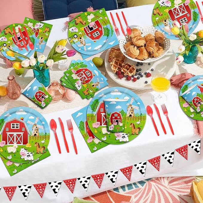 150 Pcs Farm Animal Birthday Party Decorations Farm Plates Tableware Barnyard Farm Birthday Party Supplies Serves 25 Farm Themed Cups, Farm Animal Napkins Red Knife/Fork/Spoon