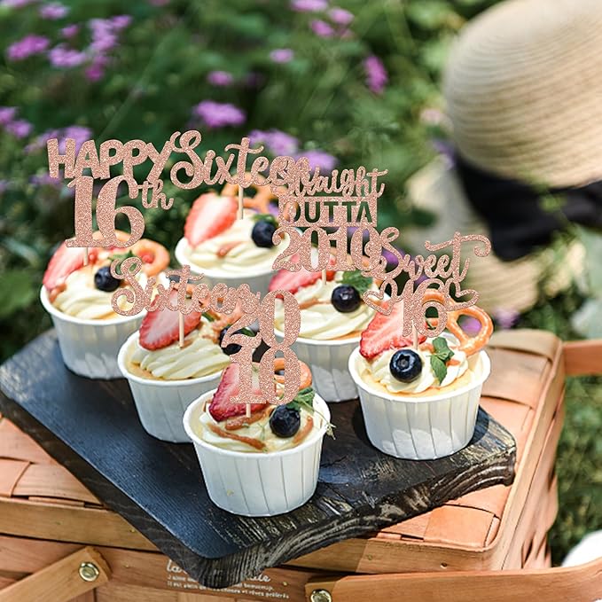 30PCS 16th Birthday Cupcake Toppers Glitter Sixteen Happy 16th Straight Outta 2010 Cupcake Picks for Cheers to 16 Years 16 th Birthday Wedding Anniversary Party Cake Decorations Supplies Rose Gold