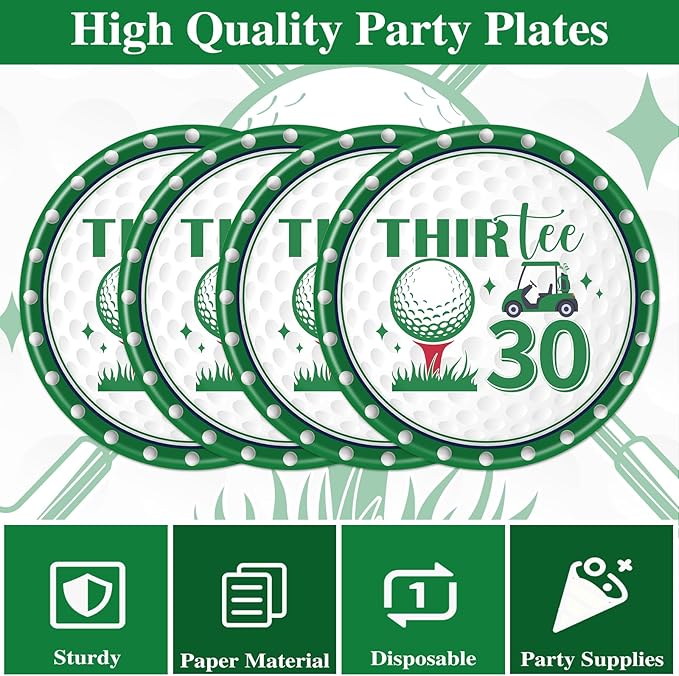 Rakuto Golf 30th Birthday Decorations - 50 Pcs Golf Thirtee Themed Party Plates and Napkins Set Decorations, Disposable Tableware Supplies for Men Women Sports Birthday Party Serves 25 Guests