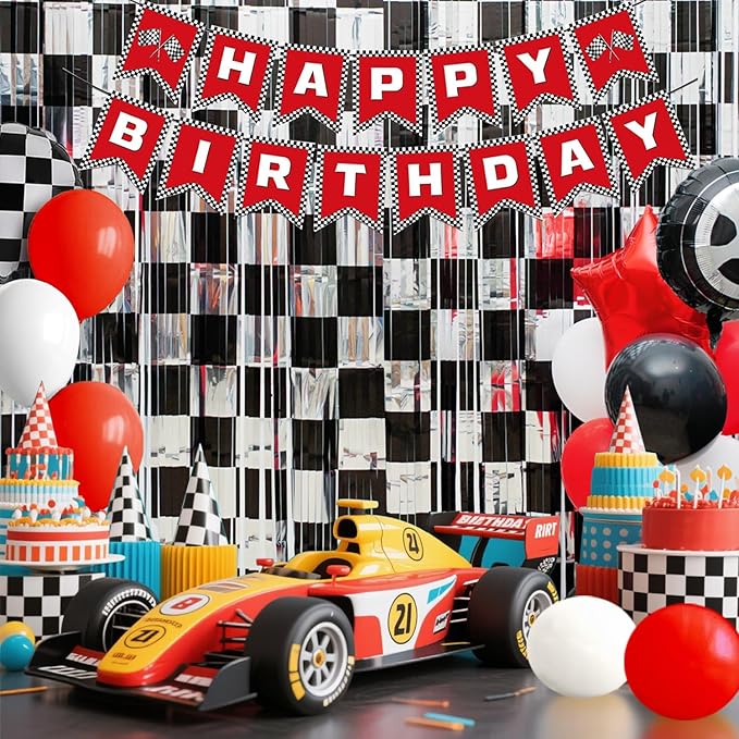 Race Car Birthday Party Decoration, Including 2 Pack Black Silver Checkered Streamers, 22pcs Race Car Party Balloons & 1pcs Race Car Birthday Banner for One Happy Dude Race Car Theme Party Supplies