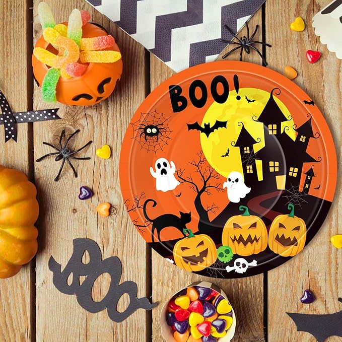 50 Pcs 9-Inch Halloween Paper Plates - Spooky Haunted House Party Supplies Set, Disposable Tableware with Ghost, Pumpkin, and Bat Designs for Candy, Snack, Dessert, Trick or Treat Decorations