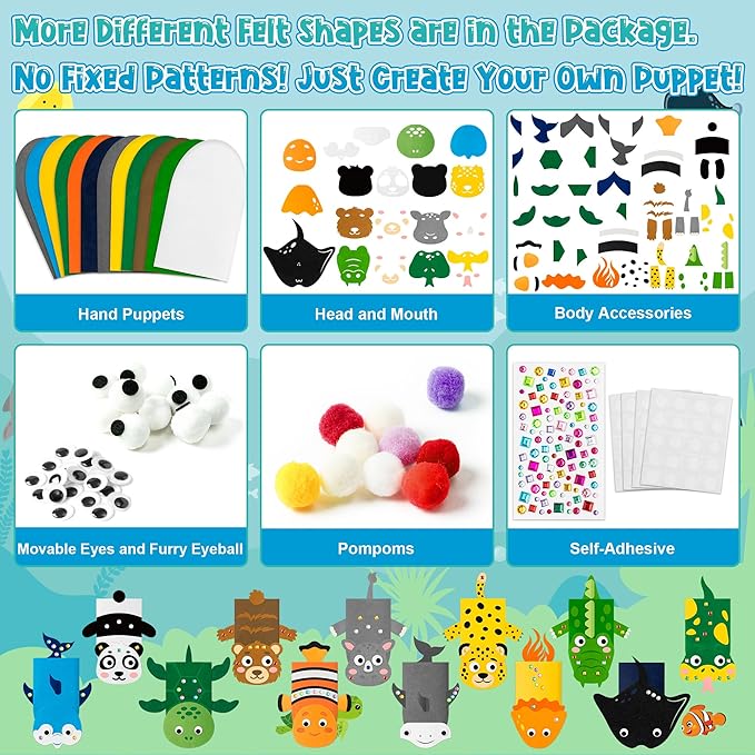 WATINC 12Pcs Hand Puppet Making Kit, Art Craft Felt Sock Puppet Toys, Creative DIY Make Your Own Pompoms Wiggle Googly Eyes Storytelling Role Play Party Supplies Gift for Girls Boys (Ocean A Wild A)
