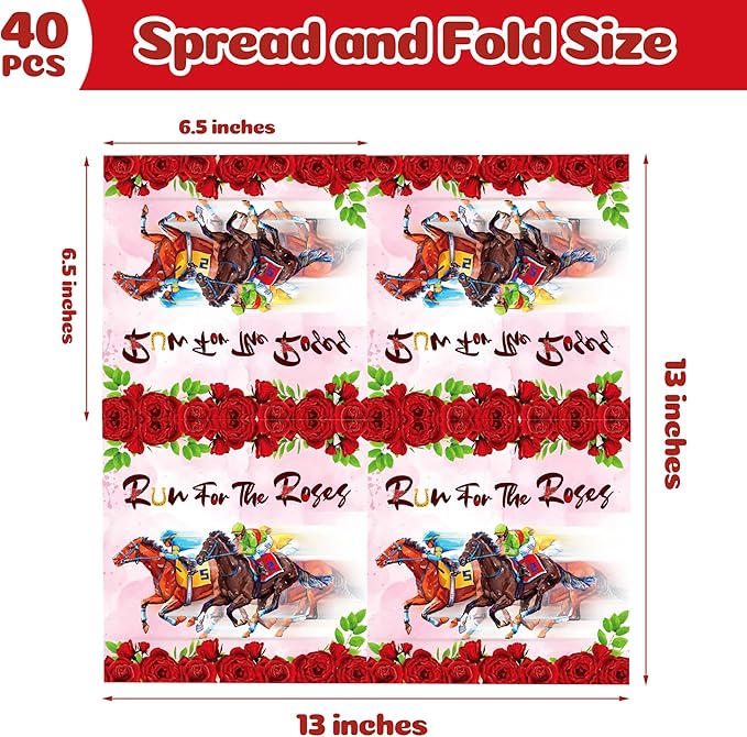 40Pcs Horse Racing Paper Napkins Run for the Roses Race Theme Party Supplies - Equestrian Theme Party Supplies for Racing Birthday, Derby Decorations, 6.5 Inch Disposable