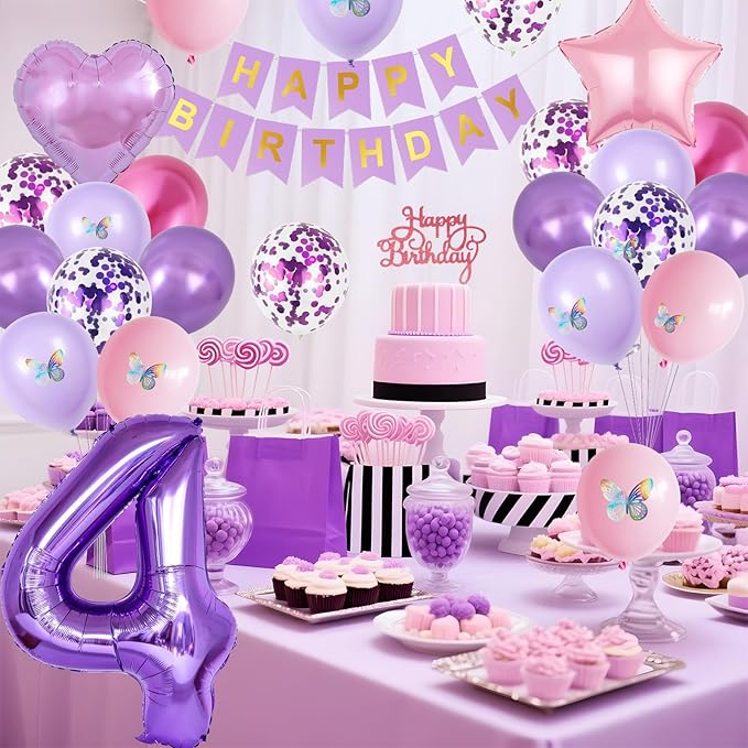 4th Pink Purple Birthday Decorations,Pink Purple 4th Birthday Balloons for Girls Lavender Party Decor Banner Number 4 Balloons Cake Topper Butterfly Party Decorations for 4 Year Old Girls
