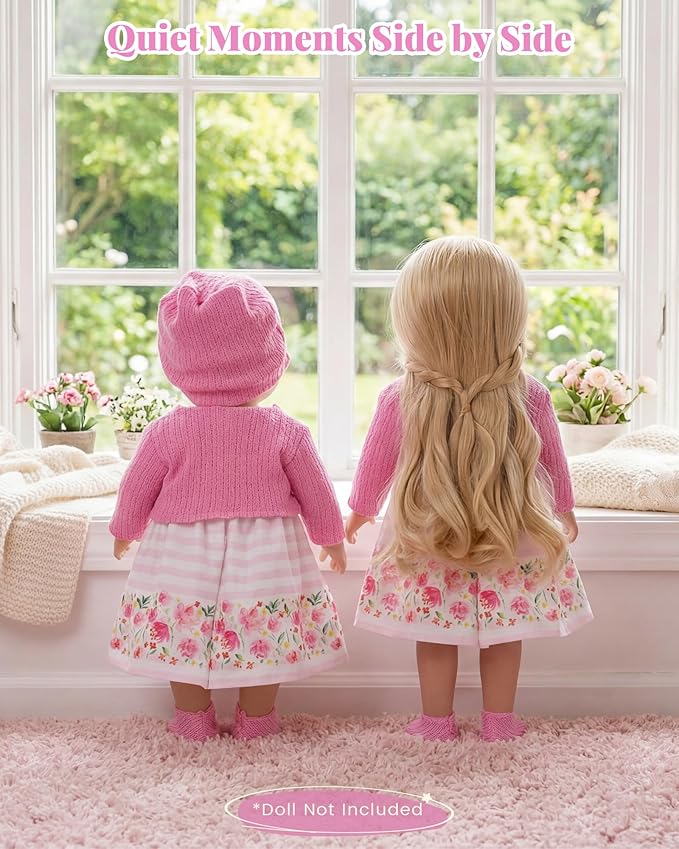 BABESIDE 4 Pcs Baby Doll Clothes and Accessories for 12-16 Inch Dolls, Pink Doll's Clothes and Floral Skirt with Hat for Dolls Accessories