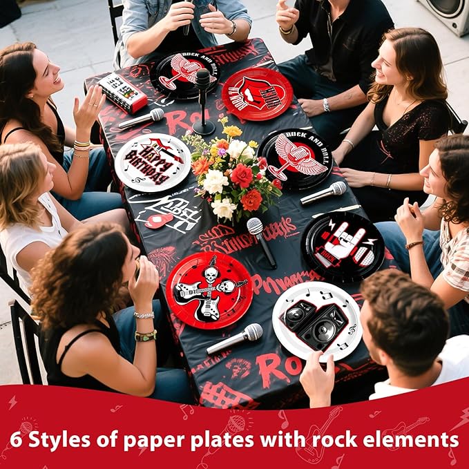 Grencian 60 Pcs Rock Theme Party Paper Plates for Music Birthday 9” 1950's Record Party Decorations Disposable Guitar Dessert Cake Tableware for Halloween Kids Baby Shower 50s 60s Theme Parties