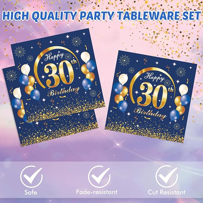 40PCS Happy 30th Birthday Decorations Navy Blue and Gold Thirty disposable tableware Include Plates Napkins for Man 30th Birthday Anniversary Party Supplies