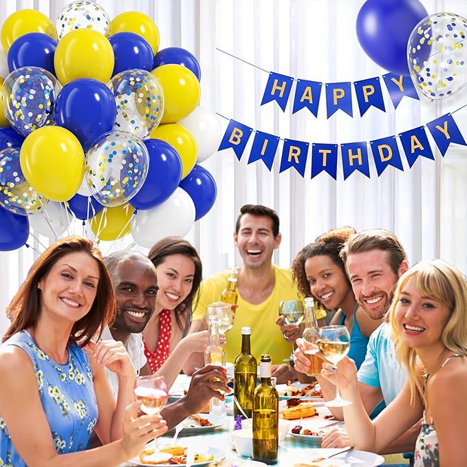 Blue and Yellow Balloons, 60pcs 12 Inch Royal Blue Yellow White Balloon with Confetti Balloons for Wedding Graduation Baby Shower Birthday Party Decorations