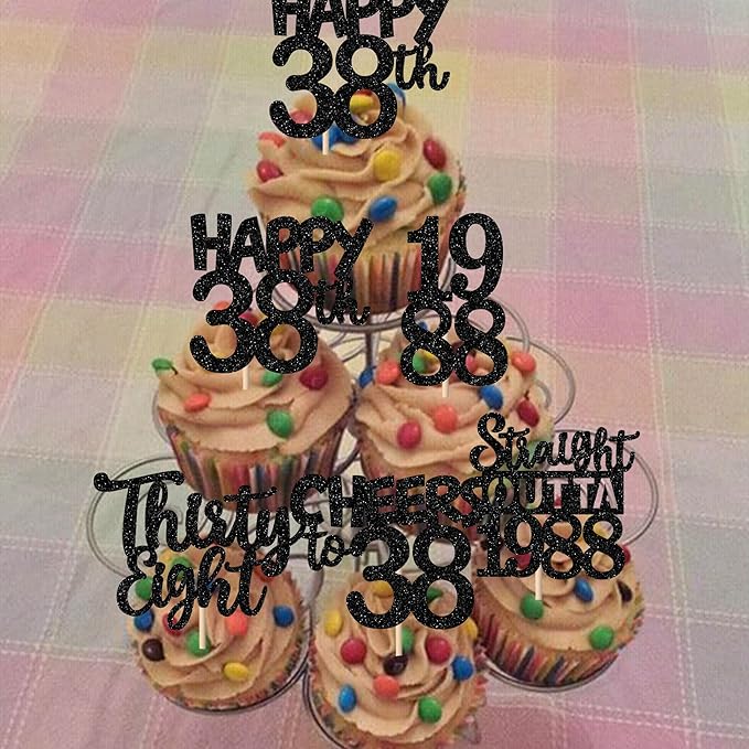 30PCS Black 38th Birthday Cupcake Toppers Glitter Thirty Eight Happy 38th Straight Outta 1988 Cupcake Picks for Cheers to 38 Years Birthday Wedding Anniversary Party Cake Decorations Supplies