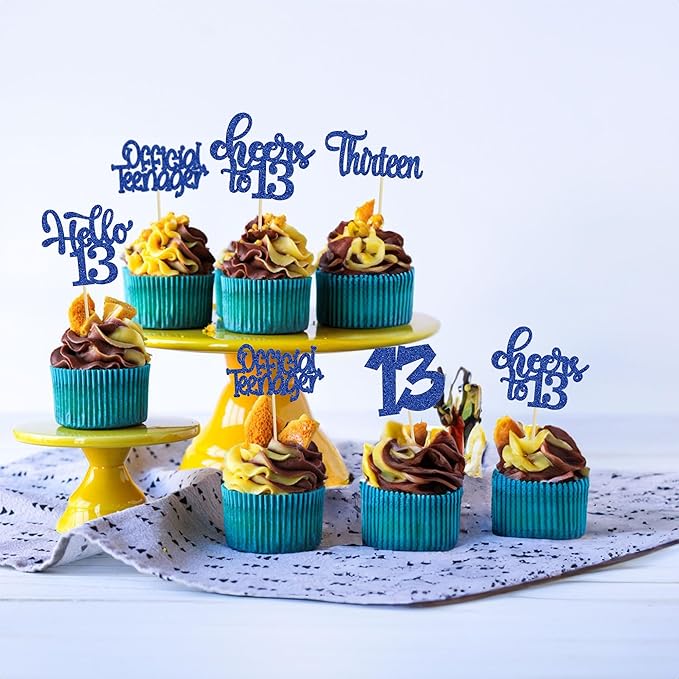 30Pcs 13th Birthday Cupcake Toppers Hello 13 Cupcake Picks Official Teenager Cheers to 13 Years Old Cake Decorations for 13th Birthday Anniversary Party Supplies Deep Blue Glitter